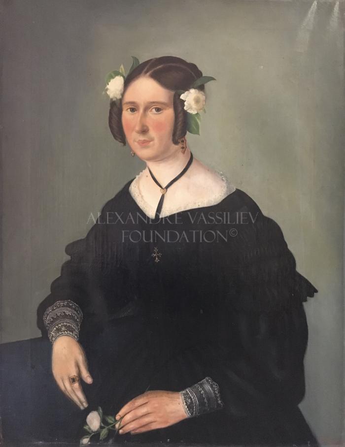 Portrait of a woman with white roses