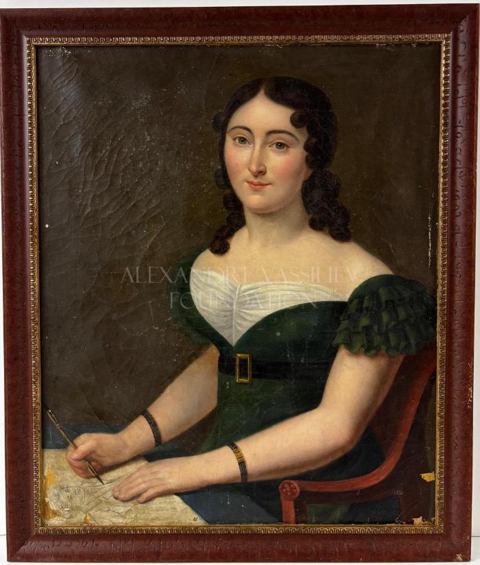 Portrait of a young girl in a green Regency dress
