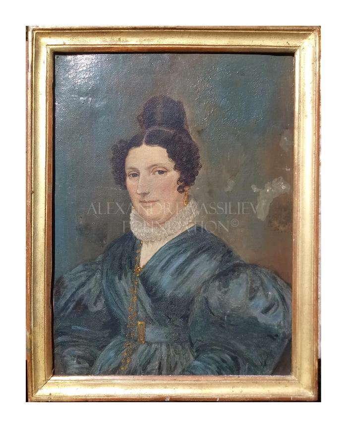 Portrait of a woman in a navy blue dress