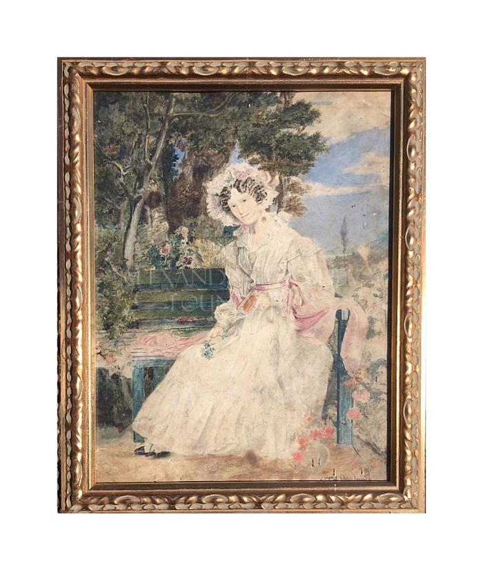 Portrait of a woman on garden bench